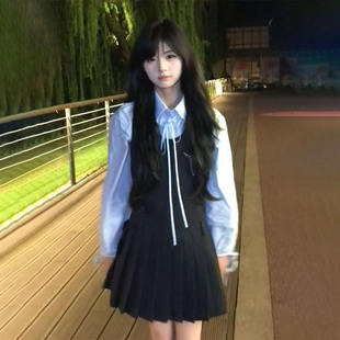 女学生两件套装 蓝色系带衬衫 通勤甜美学院风百褶背心连衣裙 秋季
