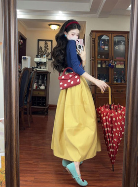 复古度假风穿搭一整套装时尚针织打底开衫上衣+高腰黄色半身长裙