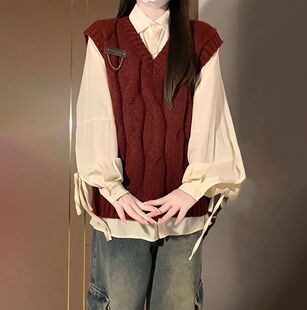 女学生两件套装 衬衫 杏色长袖 日系温柔风v领宽松麻花马甲背心毛衣