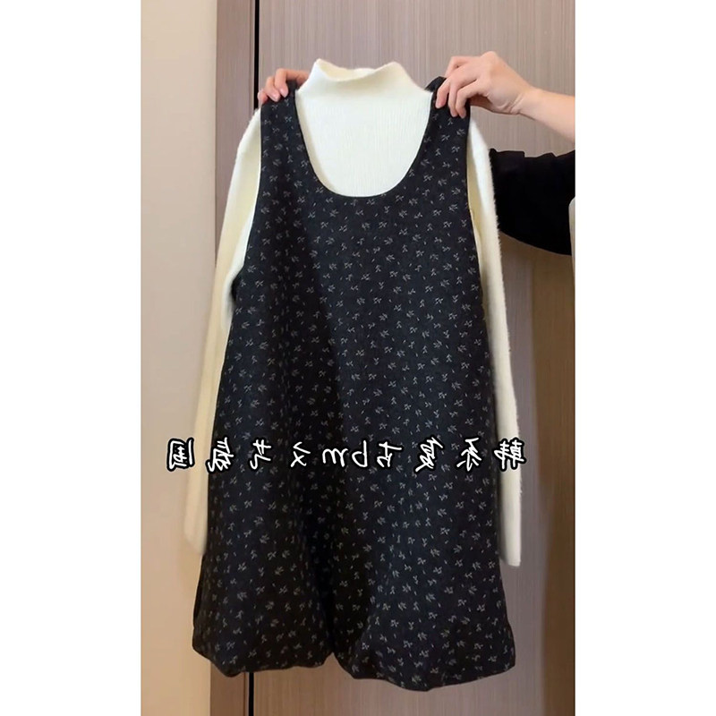 法式温柔简约风U领黑色碎花花苞背心连衣裙搭长袖针织衫两件套装,女装/女士精品,时尚套装,淘宝优惠券,粉丝福利购,淘宝优惠卷