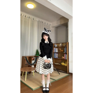 搭配松紧腰波点半身裙两件套装 针织开衫 温柔甜美学院风花边袖 法式