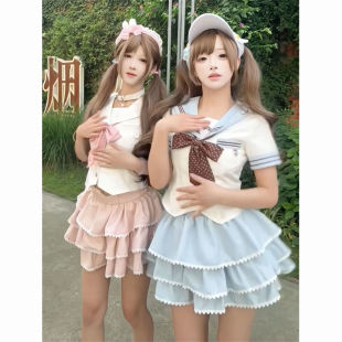 温柔甜美风海军领拼接蝴蝶结衬衫 夏季 搭配高腰蛋糕短裙两件套穿搭