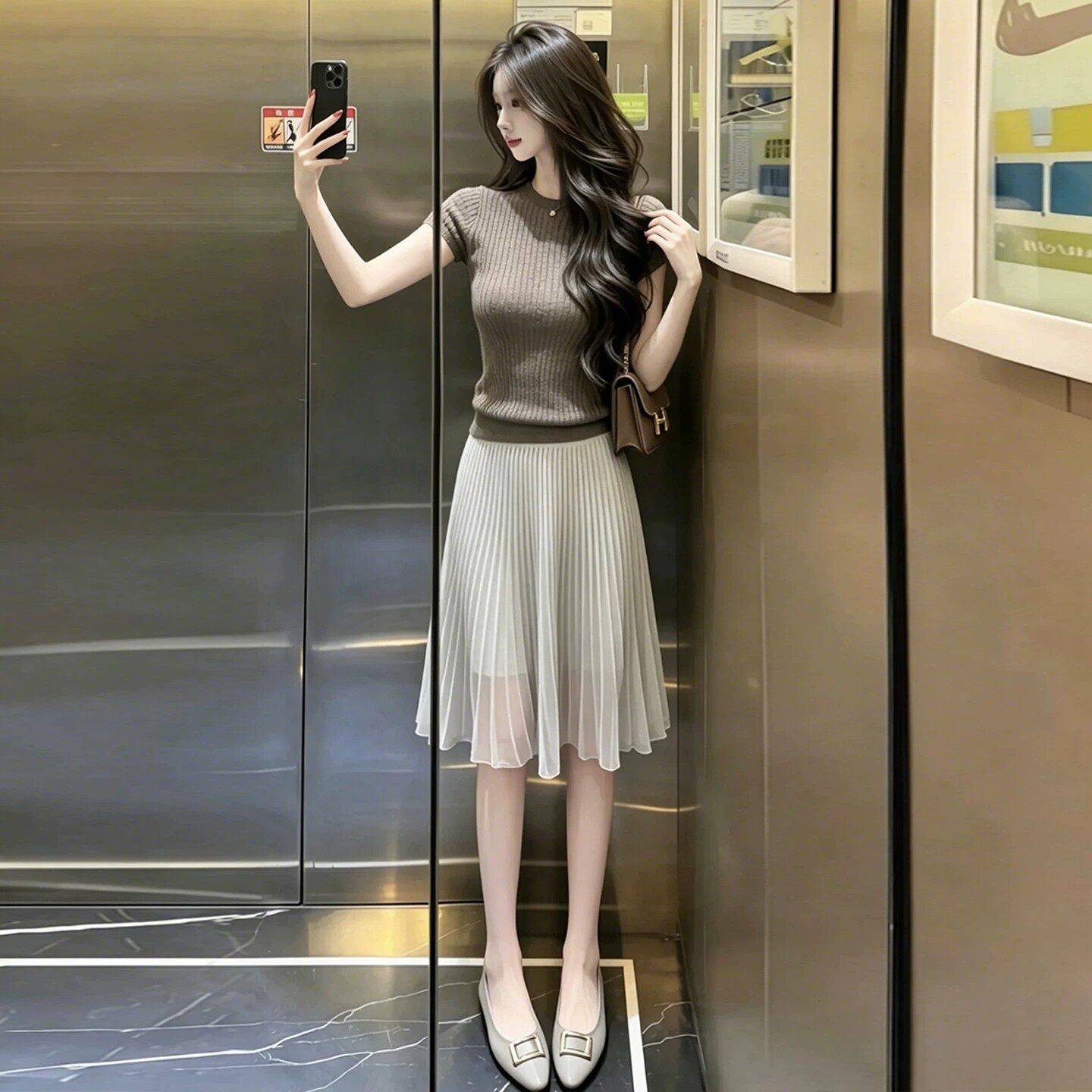 夏日通勤气质休闲感灰色修身显瘦短袖上衣搭配条纹半身裙两件套装