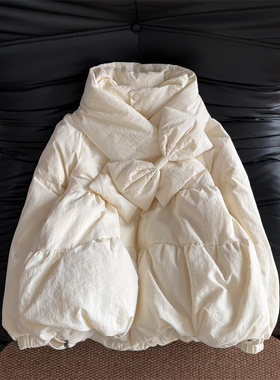 2026新款温柔学院风杏色立领花苞棉服外套女保暖蝴蝶结设计感围巾