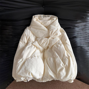 2026新款 温柔学院风杏色立领花苞棉服外套女保暖蝴蝶结设计感围巾