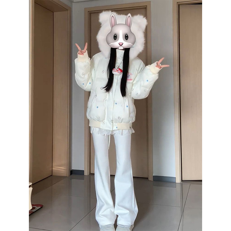 撞色毛领连帽棉服外套