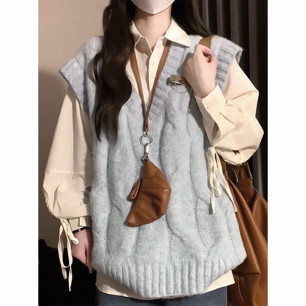 秋冬日系复古风小个子蓝色背心马甲毛衣+POLO领长袖衬衫两件套装,女装/女士精品,时尚套装,淘宝优惠券,粉丝福利购,淘宝优惠卷