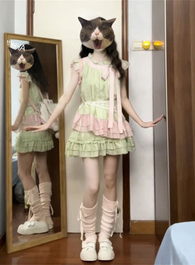 夏日甜美清纯绿色撞粉蝴蝶结上衣+木耳边绿色拼接半身裙两件套装