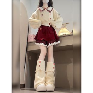 法式圣诞节甜美小众设计感苹果翻领长袖开衫+假两件短裙裤两件套