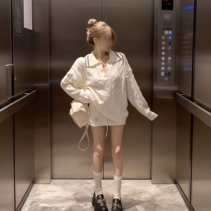 法式新款温柔纯欲风米白色麻花翻领针织毛衣搭配包臀短裙两件套装