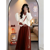 红色长裙三件套装 新款 纹衬衫 白色麻花针织毛衣 时尚 甜酷学院风格