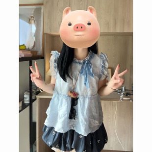 可爱甜美少女风蓝色小飞袖 法式 上衣搭配蝴蝶结刺绣花苞短裙两件套