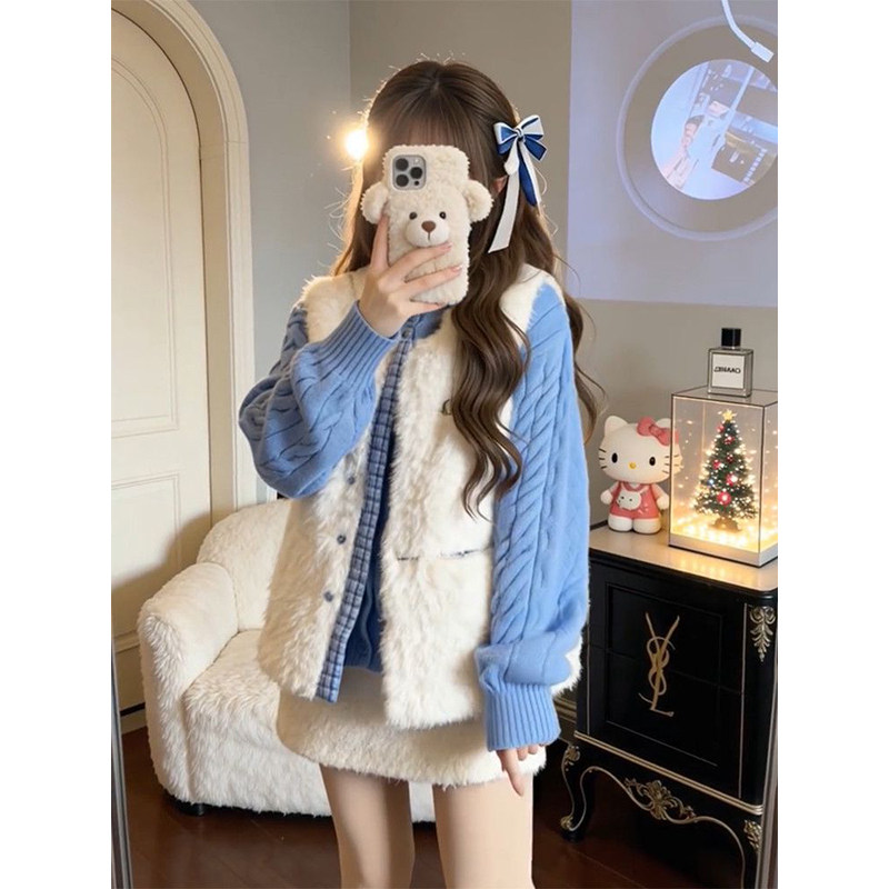 日系温柔小个子慵懒学院风蓝色针织开衫毛衣搭配毛毛马甲两件套装,女装/女士精品,时尚套装,淘宝优惠券,粉丝福利购,淘宝优惠卷