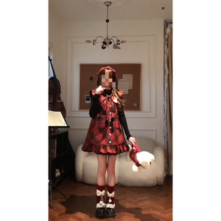 法式复古温柔红色甜美格纹小飞袖背心裙叠穿长袖打底上衣两件套装