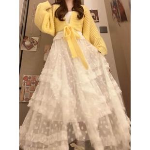 韩系穿搭一整套学院风蝴蝶结针织开衫 高腰半身裙女 蕾丝吊带背心