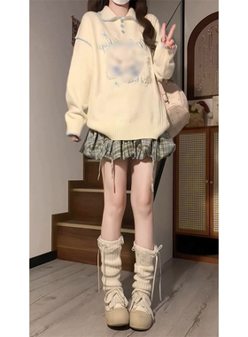 秋冬甜美可爱ins小狗提花翻领针织毛衣女新款奶呼呼宽松套头上衣