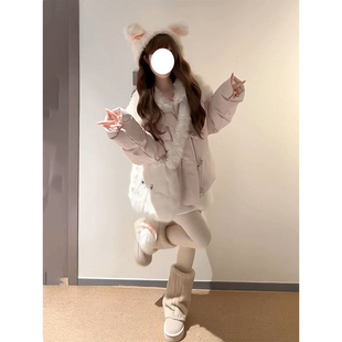 韩系甜妹少女羊羔毛翻领拼接牛角扣粉色棉服冬季宽松加厚保暖外套