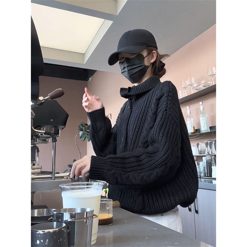 秋冬季温柔气质慵懒风黑色麻花高领套头毛衣学生休闲百搭针织上衣