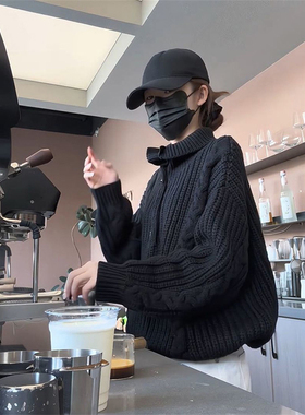 秋冬季温柔气质慵懒风黑色麻花高领套头毛衣学生休闲百搭针织上衣