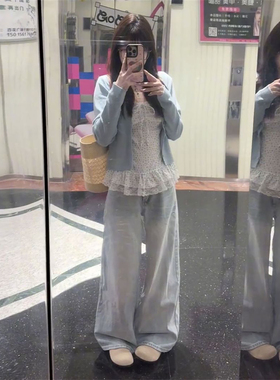 春日甜美小个子穿搭蝴蝶结碎花吊带背心叠穿蓝色针织开衫两件套装