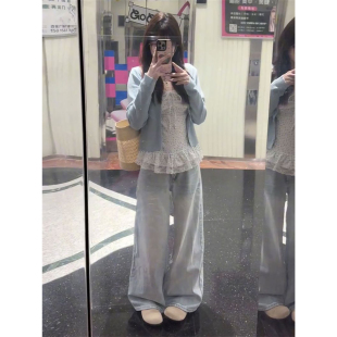 春日甜美小个子穿搭蝴蝶结碎花吊带背心叠穿蓝色针织开衫 两件套装