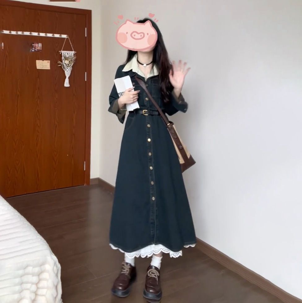 单排扣牛仔长款连衣裙