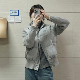 法式小众时尚温柔风灰色针织拼接立领棉服女学生新款宽松百搭外套