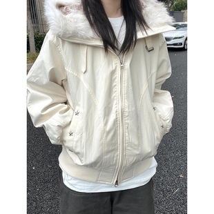 日系小个子复古学院风杏色毛领连帽棉服保暖百搭休闲加厚设计棉衣