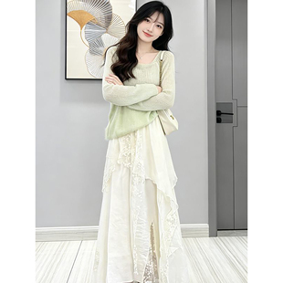 浅春系高腰蕾丝半身裙两件套装 针织罩衫 温柔淑女风绿色长袖 法式