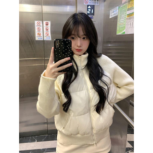 法式气质甜美立领针织拼接棉服外套秋冬季米白色短款加厚棉袄外套