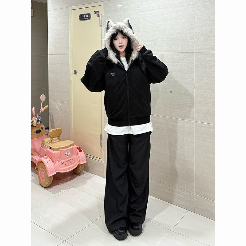 猫耳毛茸茸连帽棉服外套