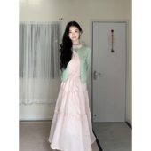 搭配波点蛋糕长裙两件套装 2026新款 温柔淑女感假两件撞色针织开衫