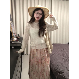 碎花半身长裙三件套装 内搭吊带 温柔淑女感镂空针织罩衫 2026新款