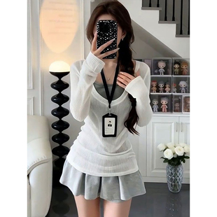 吊带上衣 针织罩衫 百褶裙三件套 ins甜美少女穿搭U领微透长袖 新款