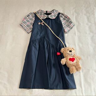 日系小个子温柔绝美度假旅游宽松遮肉假两件格纹拼接娃娃领连衣裙