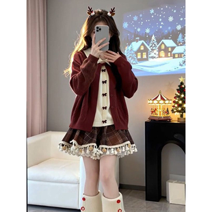 搭配流苏边格纹短裙两件套装 法式 圣诞甜美翻领假两件红色毛衣开衫