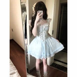 新款 韩系绝美高腰显瘦木耳边蓝色系带连衣裙夏季 甜美软妹公主短裙