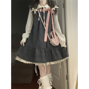 娃娃领衬衫 两件套女秋季 蝴蝶结连衣裙 新款 甜美可爱小个子飞飞袖