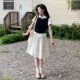 新款 复古短袖 衬衫 夏季 上衣 少女风马甲背心搭配高腰半身裙三件套