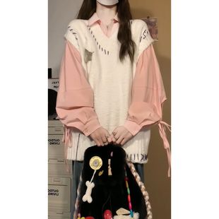 两件套装 秋冬季 衬衫 粉色polo领长袖 温柔学院风软糯针织背心毛衣