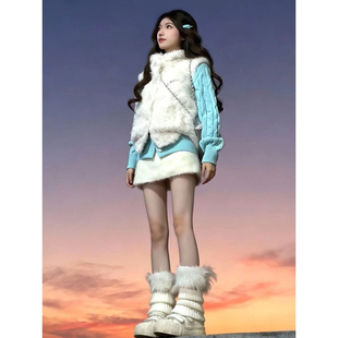 秋冬温柔巨好看可爱软妹风毛茸茸马甲+麻花针织毛衣开衫两件套装