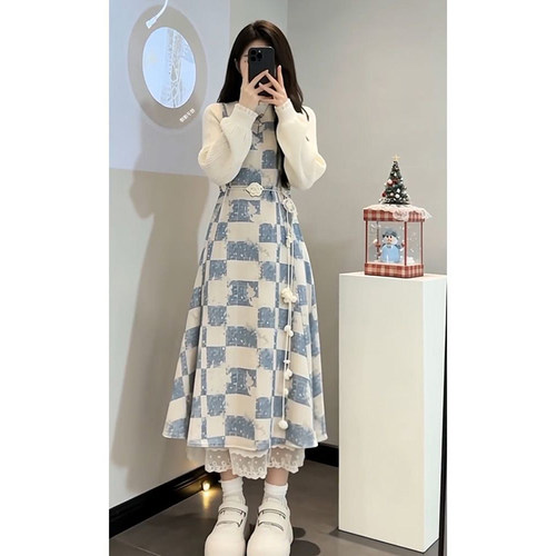 假两件撞色格纹连衣裙