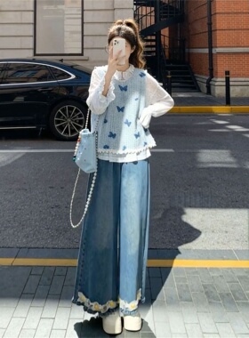 2026新款清纯温柔淑女蓝色蝴蝶针织马甲背心搭配长袖衬衫两件套装