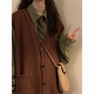 复古港风V领针织开衫 送领带两件套装 背心马甲毛衣 衬衫 长袖 早秋季