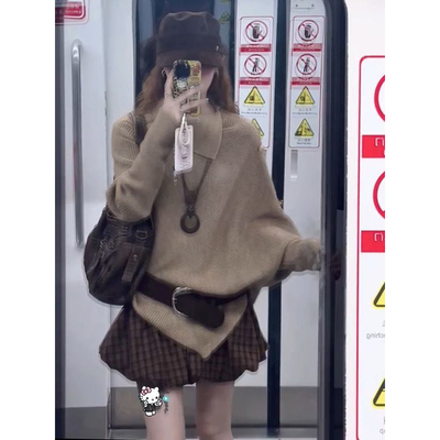 棕色高领不规则套头毛衣衫