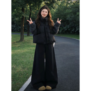 温柔慵懒时尚 三件套装 风高领针织毛衣衫 黑色阔腿裤 马甲棉衣 法式