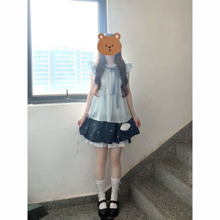 夏季 温柔甜美小个子设计感蓝色飞飞袖 上衣搭配高腰花苞裙两件套装