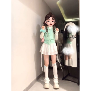 两件套装 早春甜美少女双面穿薄荷绿针织马甲背心 翻领打底上衣衫
