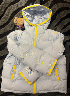 法式温柔甜妹多巴胺撞色刺绣连帽棉服女百搭宽松加厚保暖棉衣外套