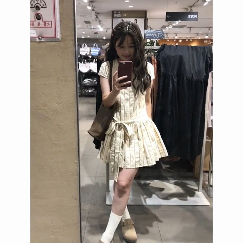 蝴蝶结条纹短袖绑带连衣裙